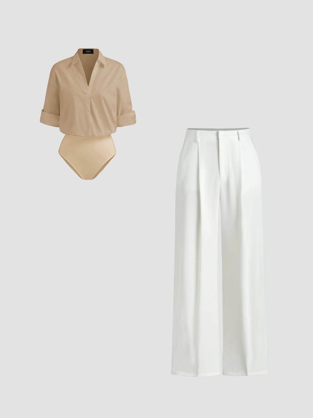 100% Cotton Collar Roll-up Sleeve Shirt Bodysuit & Mid Rise Solid Pocket Straight Leg Trousers