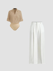 100% Cotton Collar Roll-up Sleeve Shirt Bodysuit & Mid Rise Solid Pocket Straight Leg Trousers