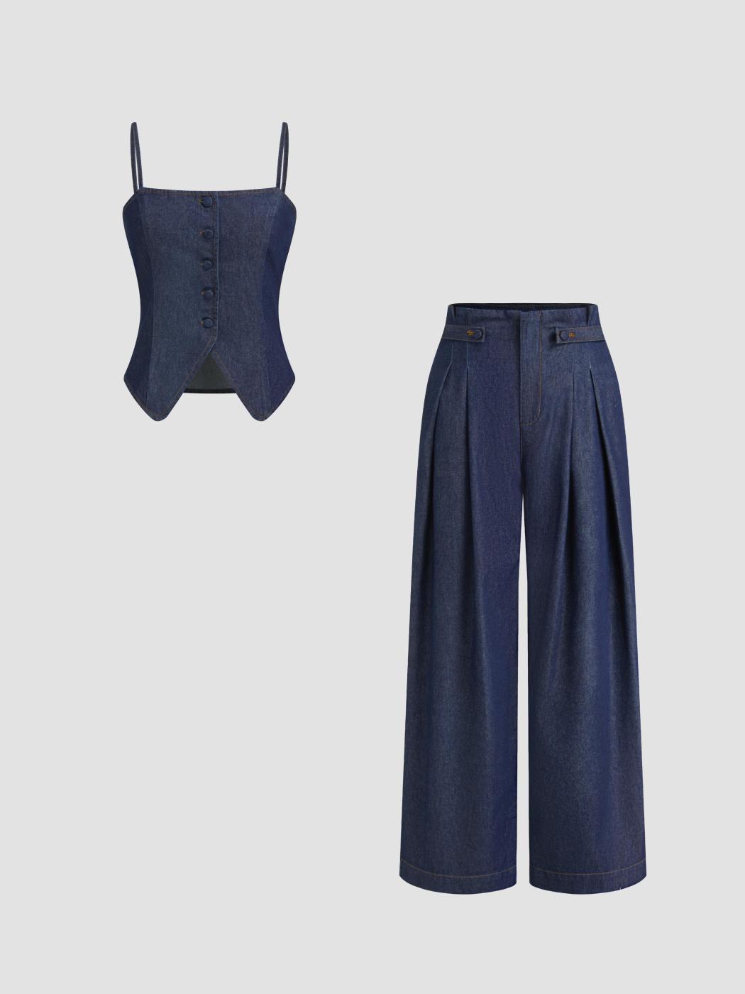 Denim Square Neck Cami Top & Mid Rise Pleated Wide Leg Jeans