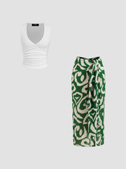 Cotton-blend V-neck Ruched Tank Top & Mid Rise Abstract Knotted Split Maxi Skirt