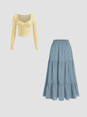 CDR Sweetheart Twist Long Sleeve Top & Solid Elastic Waist Ruffle Hem Tiered Maxi Skirt