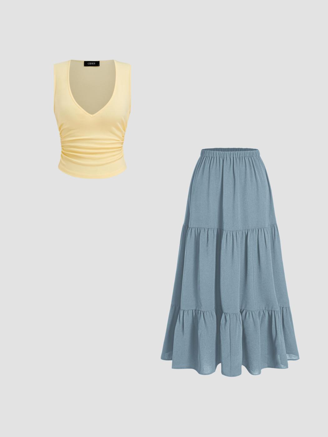 Cotton-blend V-neck Ruched Tank Top & Solid Elastic Waist Ruffle Hem Tiered Maxi Skirt
