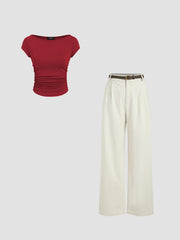 Boat Neck Ruched Tee & Linen-Blend Solid Wide Leg Pants With Belt