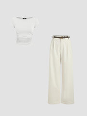 Boat Neck Ruched Tee & Linen-Blend Solid Wide Leg Pants With Belt