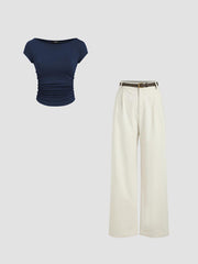 Boat Neck Ruched Tee & Linen-Blend Solid Wide Leg Pants With Belt