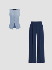 Boat Neck Solid Button Vest & Mid Rise Solid Pocket Straight Leg Trousers