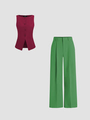 Boat Neck Solid Button Vest & Mid Rise Solid Pocket Straight Leg Trousers