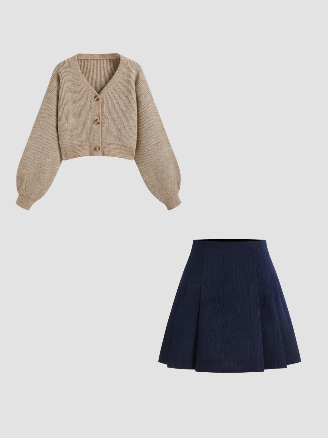 Knit V-neck Solid Button Crop Cardigan & Corduroy Mid Rise Pleated Mini Skirt