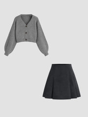 Knit V-neck Solid Button Crop Cardigan & Corduroy Mid Rise Pleated Mini Skirt