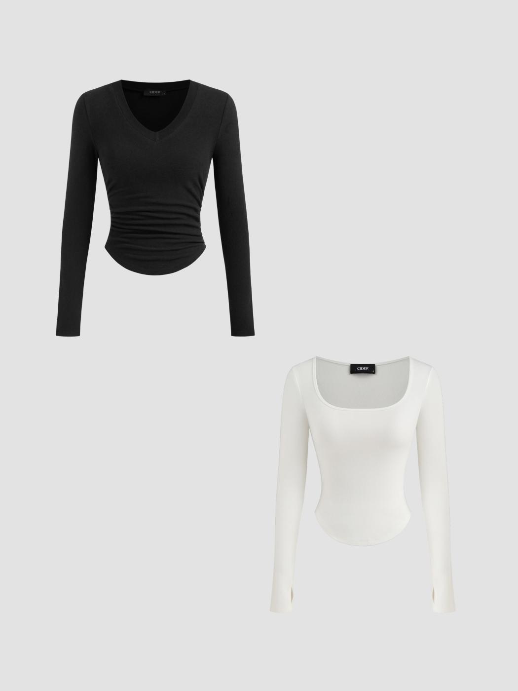 Thermal Cotton-blend V-neck Solid Ruched Long Sleeve Tee & Thermal Cotton-blend Square Neck Solid Thumb Hole Long Sleeve Tee