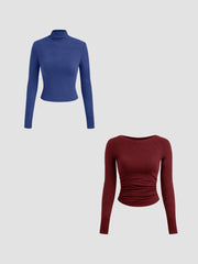Thermal Cotton-blend Stand Collar Solid Long Sleeve Tee & Thermal Cotton-blend Boat Neck Solid Ruched Long Sleeve Tee