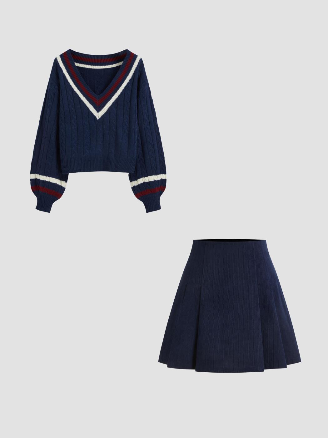 Cable Knit V-neck Solid Contrasting Binding Long Sleeve Top & Corduroy Mid Rise Pleated Mini Skirt