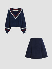 Cable Knit V-neck Solid Contrasting Binding Long Sleeve Top & Corduroy Mid Rise Pleated Mini Skirt