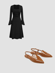 Ruched Solid Cami Maxi Dress & Solid Long Sleeve Shrug & POINTED SLINGBACK FLATS