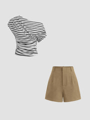 Cotton-blend Asymmetrical Neck Striped Ruched Short Sleeve Top & Cotton High Rise Shorts